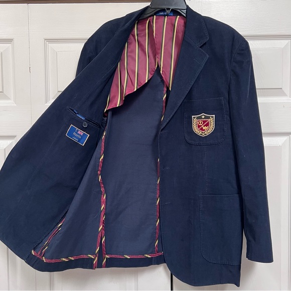 T Harris London Mens Jacket Size Large Corduroy Navy Blue with Emblem - Picture 3 of 12